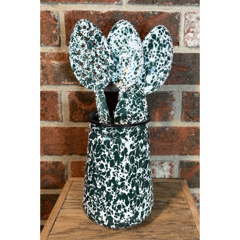 Vintage Green White Splatter Enamelware Utensil Crock & 4 Piece Kitchen Set
